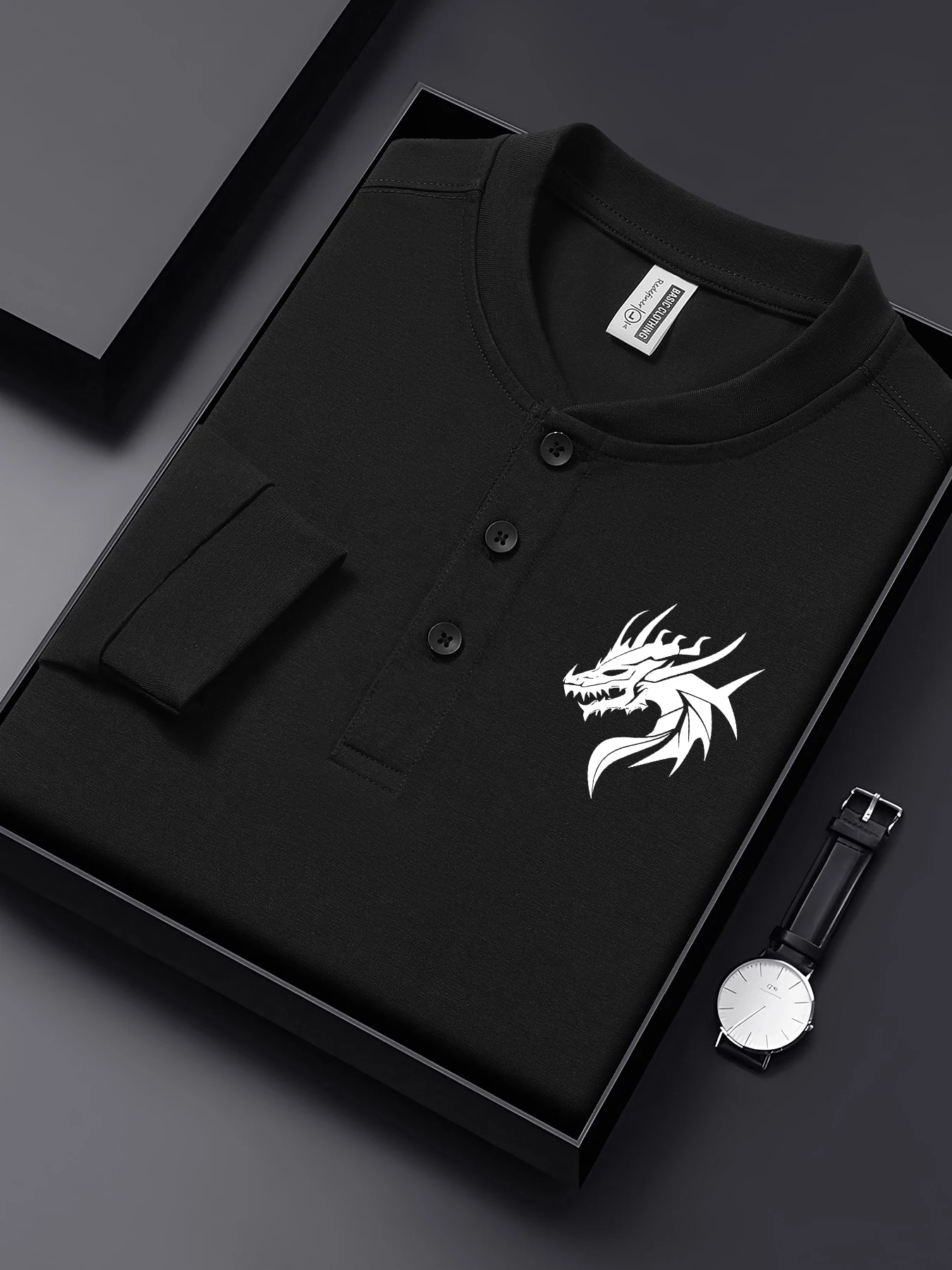 

Evil Dragongon Pattern Simple Print T Shirts Men Autumn Cotton Henley Shirt Hip Hop Business Streetwear Henry Neck Clothing