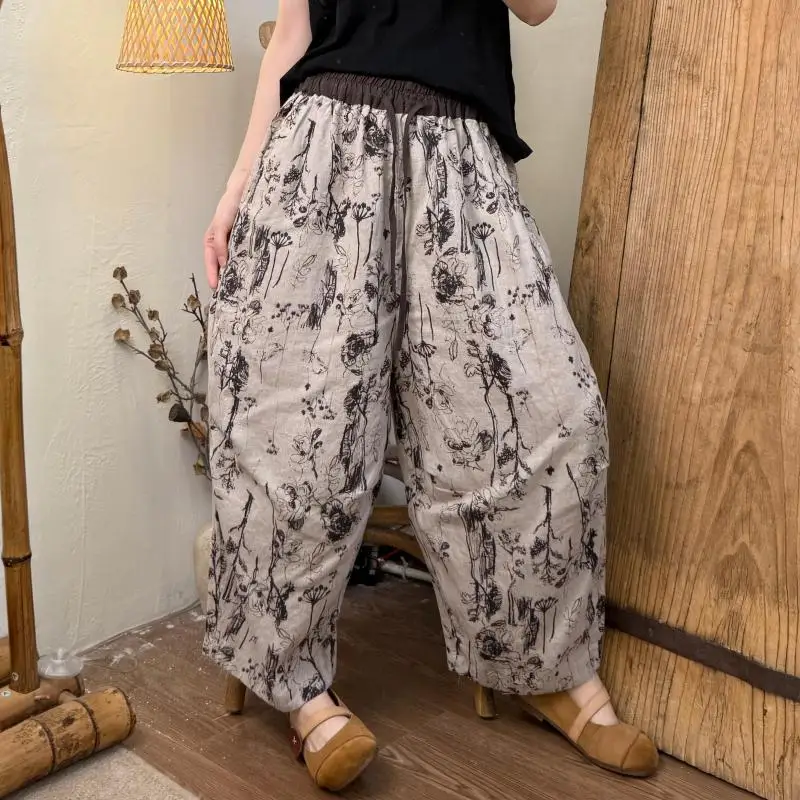 

Новое поступление, весна-лето, художественный стиль, женские свободные брюки до щиколотки с эластичной резинкой на талии, винтажные хлопковые льняные шаровары с принтом TH138