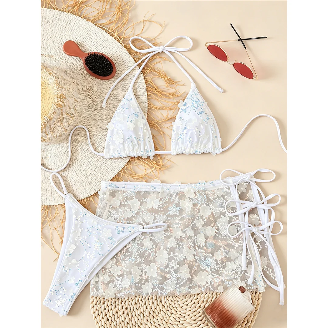 S - XL Dreiteiliges Bikini-Set mit Rock, Blumen, Pailletten, Damen-Bikini, Badeanzug, Badebekleidung, Badeanzug, Schwimmbekleidung V7864 – Detail 8