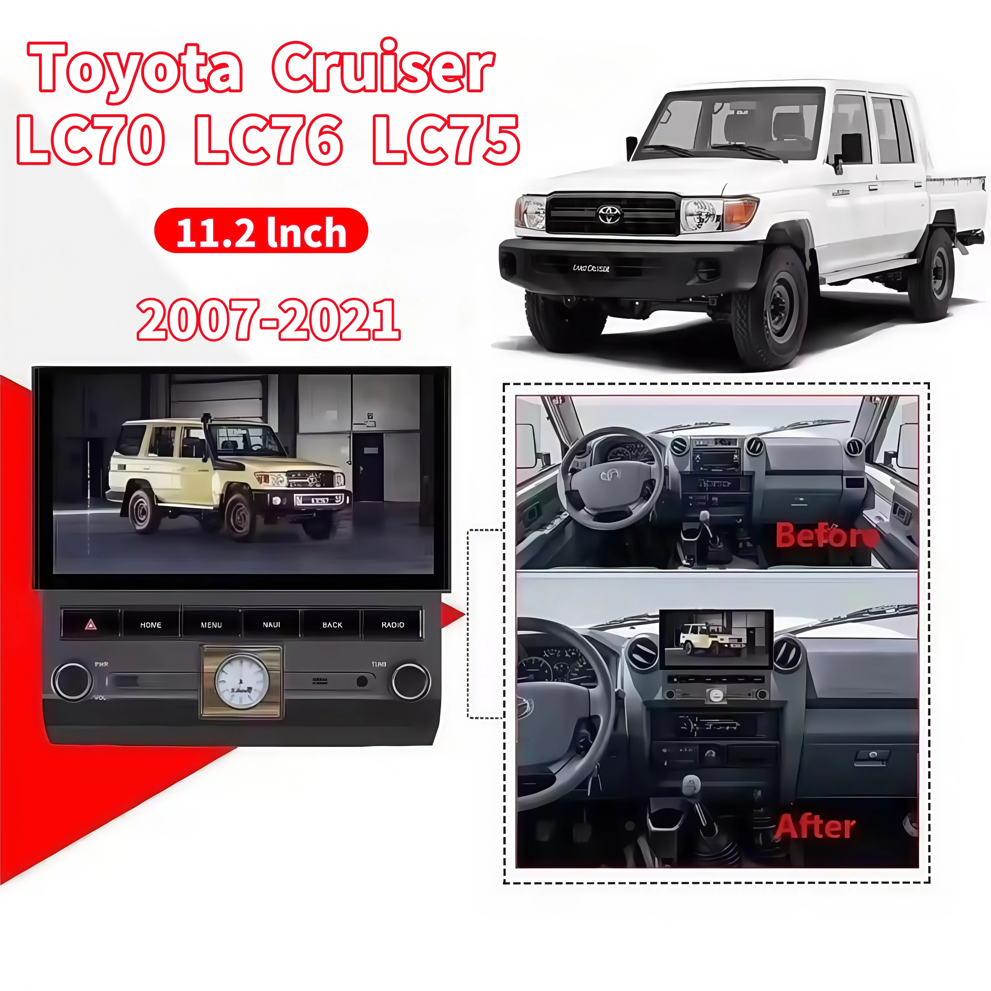 Lettore DVD per auto da 11.2 "per Toyota Land Cruiser LC76 LC70 LC75 2007-2021 Autoradio montato su cruscotto Carplay GPS
