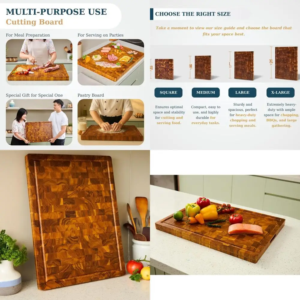 

End Grain Acacia Wood Cutting Board, Large 20x15x1.25 Inches, Reinforced for Anti-Crack/Warp, with Juice Groove and Handle, Kitc