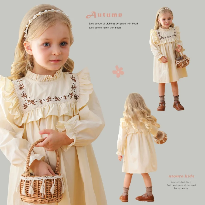 2024Autumn Girls Mori Style Vintage Flower Embroidered Stand Collar Flounce Long Sleeve Dress