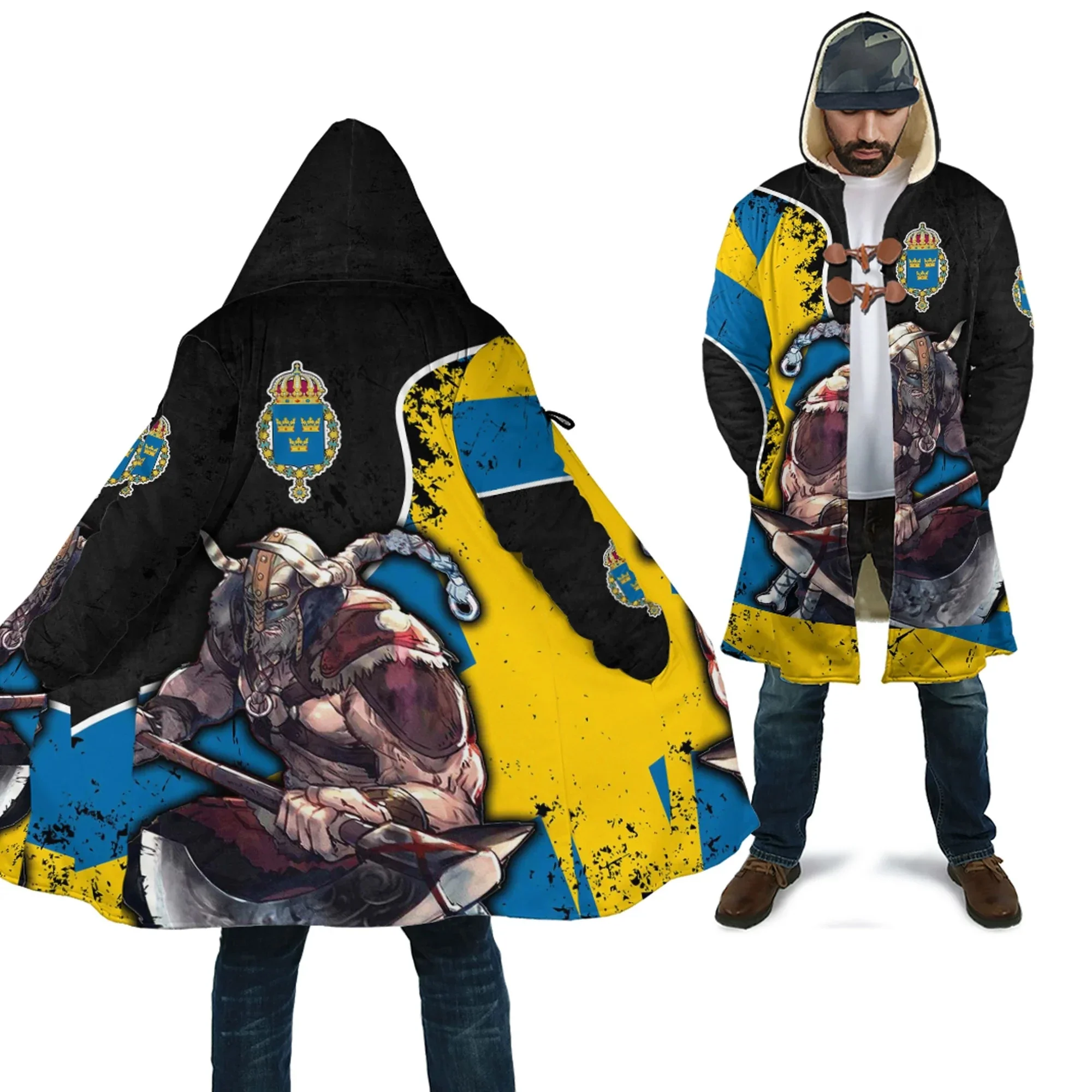 New Winter Men's Hooded Cape Warrior Tattoo 3D Printing Fashion Wool Hooded Cape Unisex Casual Thick Warm Hooded Cape Coat