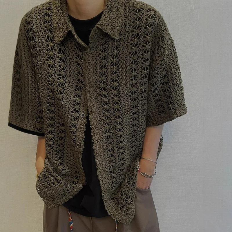 KIDWHXR Summer Man Top American Retro Hollow Knitted Shirt Men's Short Sleeve Open Cardigan Holiday Male Lace See-through Shirt