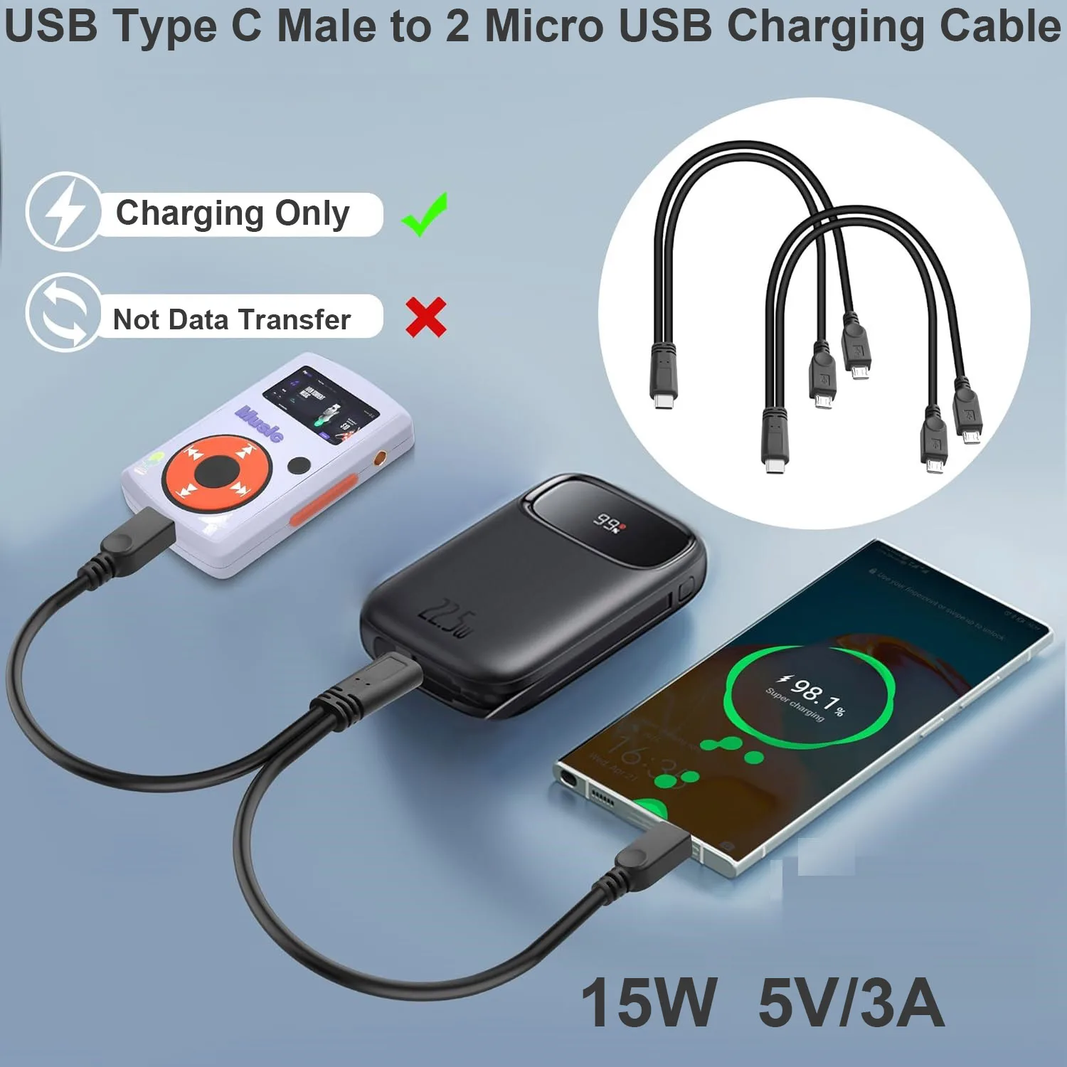 USB C 스플리터 충전 케이블 USB 타입 C 남성에서 듀얼 2 마이크로 USB 남성 2 in 1 스플리터 Y 충전 커넥터 케이블 충전 전용