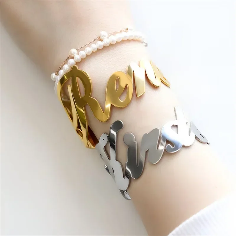 

Big Personalized Custom Name Letter Bracelet Stainless Steel Gold Couple Bracelet Cuff Bangle Women Jewelry Valentine's Day Gift