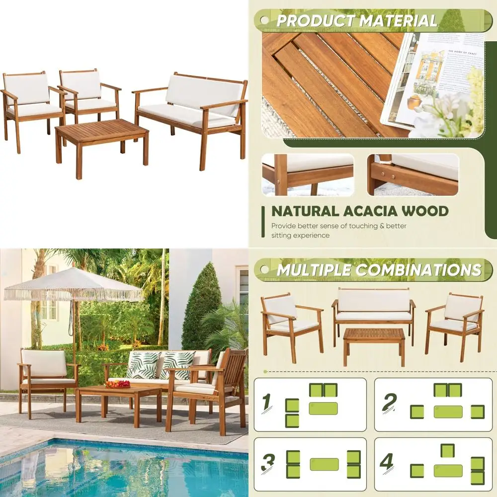 

4-Piece Outdoor Acacia Wood Patio Sofa Set with Table and Cushions for Deck Conversation Area