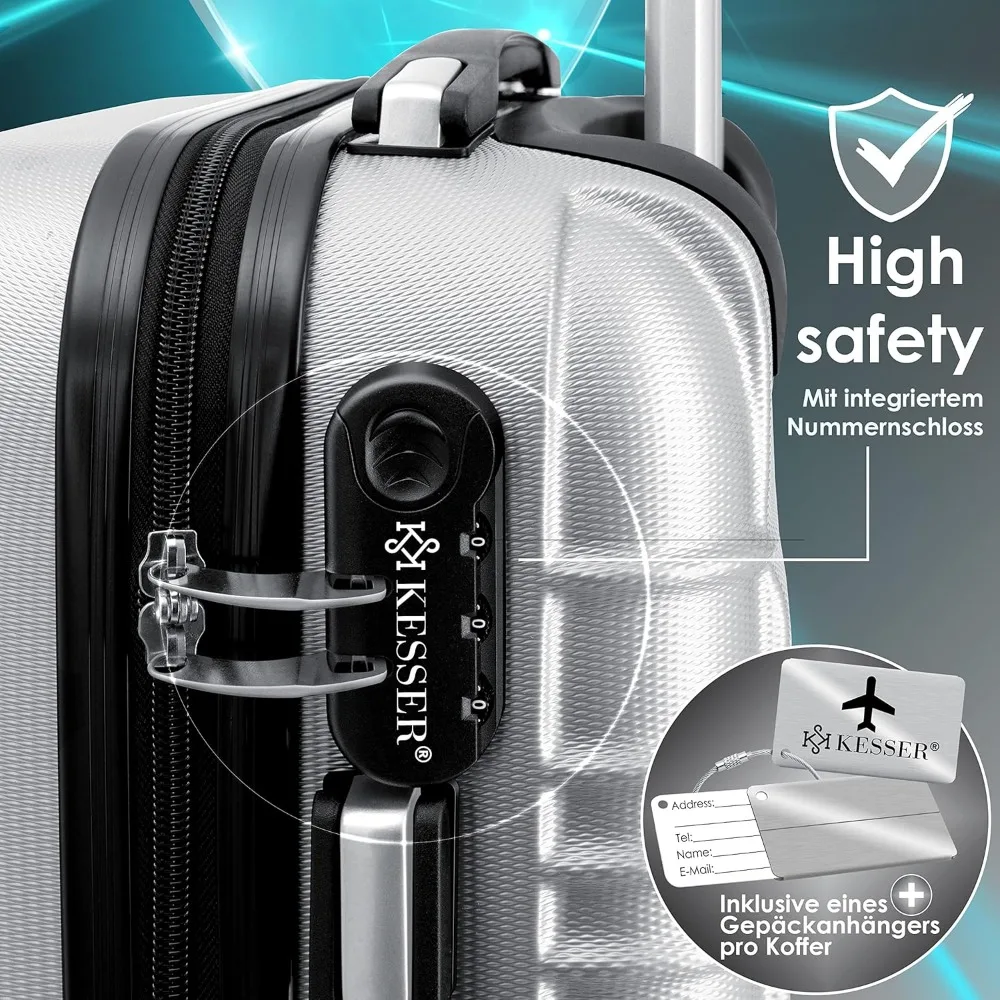 Kesser ®   スーツケース4個セット |   車輪付き荷物 |   ハードシェルラゲッジ |   スーツケース M-L-XL、シルバー