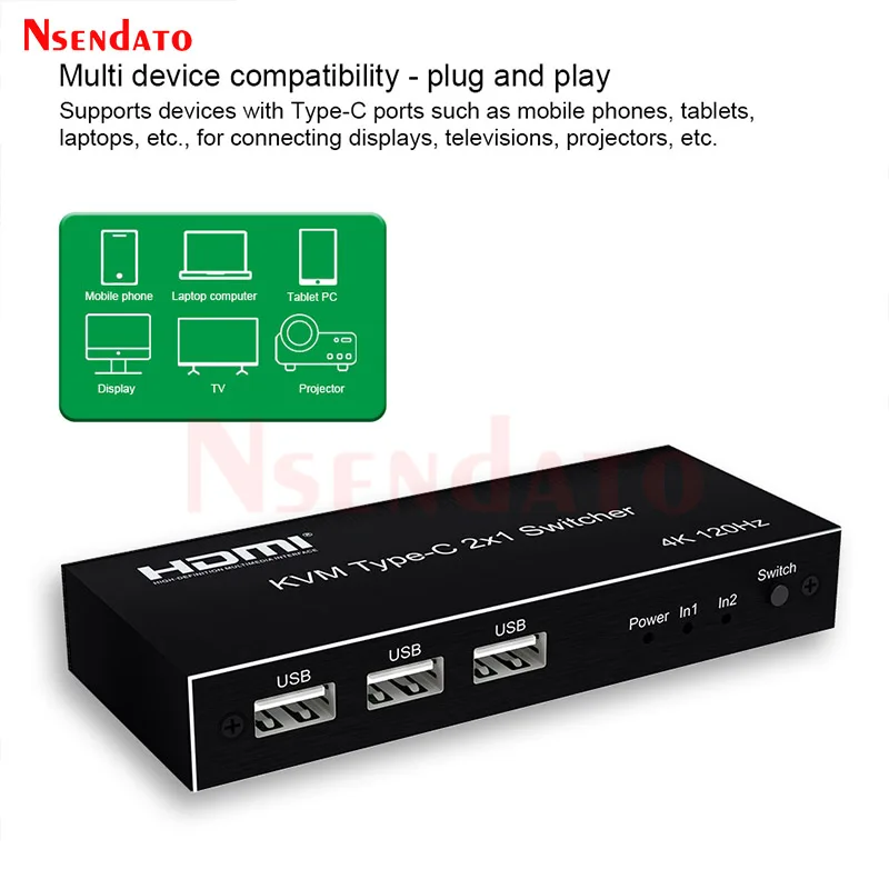 KVM USB Type C to HDMI 4k 120hz Adapter Switch 2X1 KVM Type-C Switcher With PD100W Fast Charge For Mouse Keyboard U disk Printer