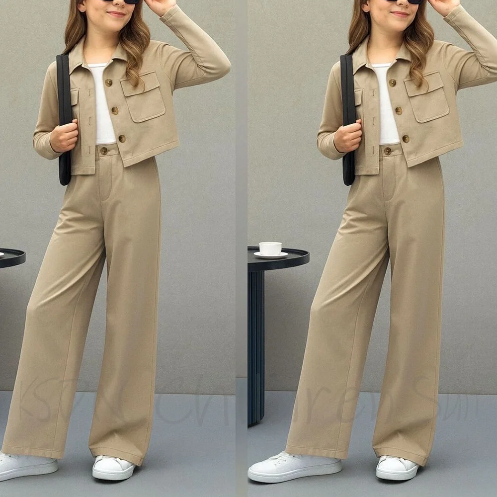 Casual Solid Color Girl Suit Blazer Chic Single Breasted Stand Lapel Children Clothing Elegant Fashion Daily Outfit Two Piece