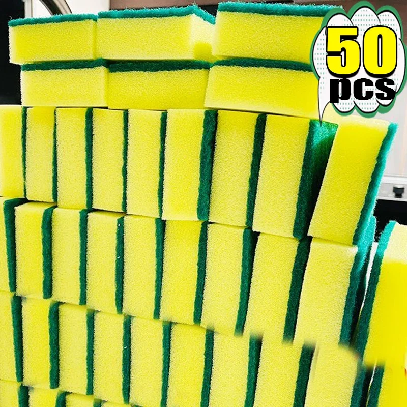 50/1pcs Double-sided Cleaning Sponges Kitchen Pot Pan Stain Grease Clean Brushes Highly Absorbent Thickened Sponge Cleaner Tools