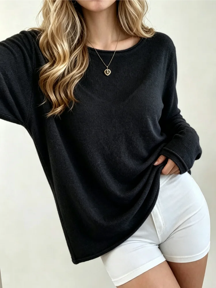 NEW Chic Preppy Style  Autumn Winter Women Solid‑Color Pullover Top Low‑Collar Elegant Versatile Casual Basic Inner Layer Tees