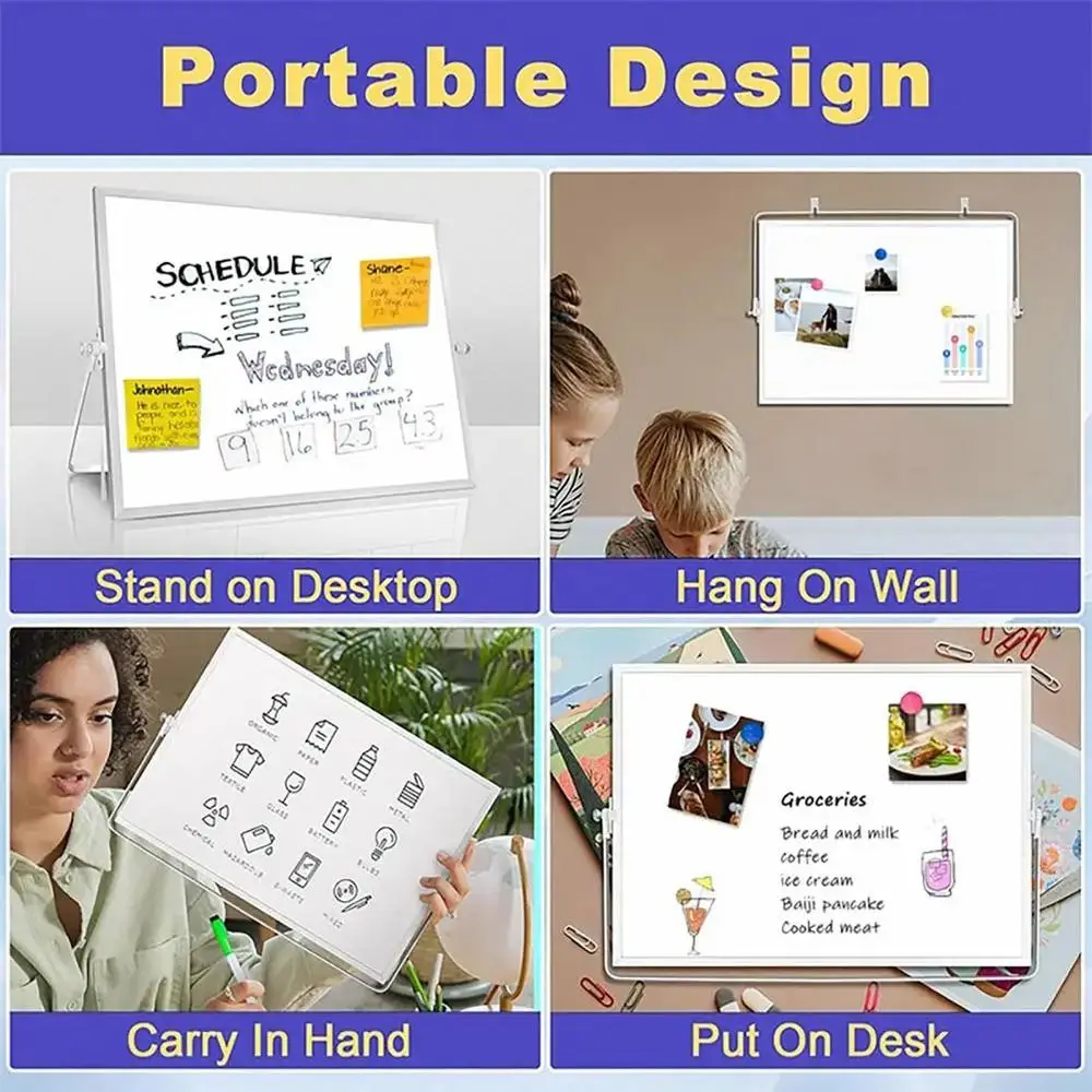 Tragbares, faltbares Desktop-Whiteboard, löschbar, mit Halterung, Schreibtafel, doppelseitig verwendbar, Nachrichtentafel, Schule, Büro
