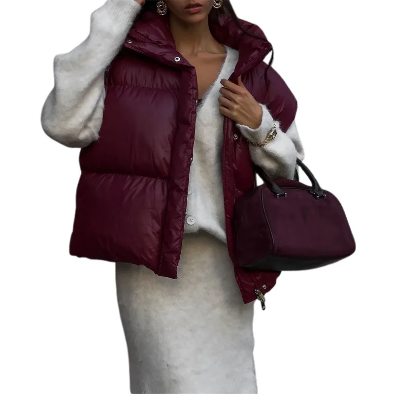 LGRQ 2024 new turn-down collar sleeveless wine red color zippers thickness pockets vest coat female top WQ1012503L