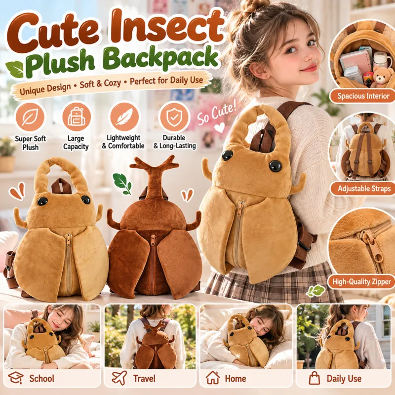 Animal Backpacks Y2K 45cm Rhinoceros Stag Beetle Plush Backpack, Soft Stuffed Insect Shoulder Bag, Cute Kids, Birthday Gift New