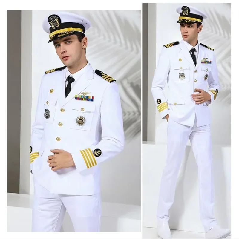 US Navy Military Uniform Yacht Captain Suit Dinner Costume Military Army Soldiers Clothes Militaries Jacket Pant Hat Set