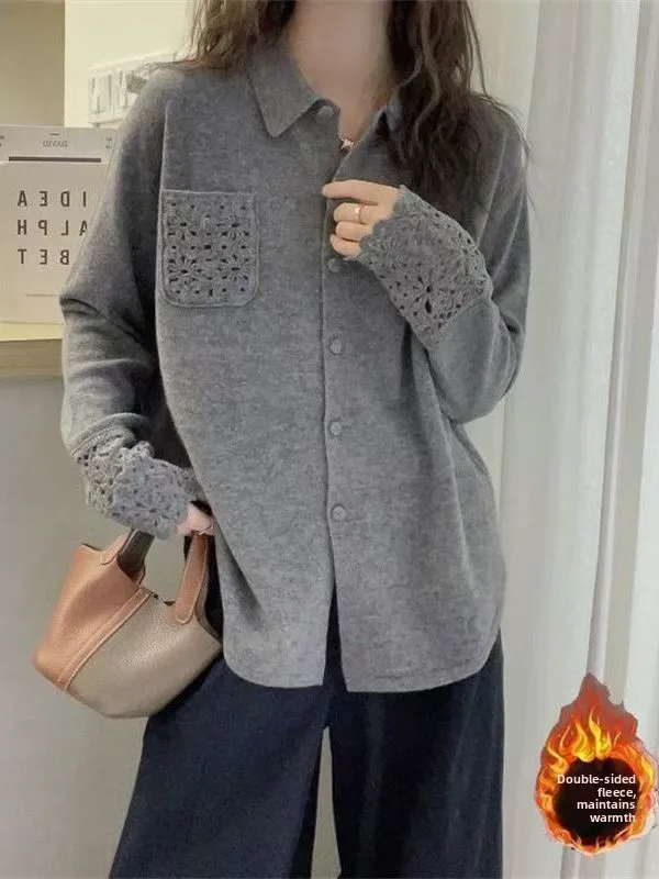 Autumn Winter Long Sve  Collar Thermal Slim Fit Base irt Hollow out ket Splicing Sve European Sle Vintage Fa...