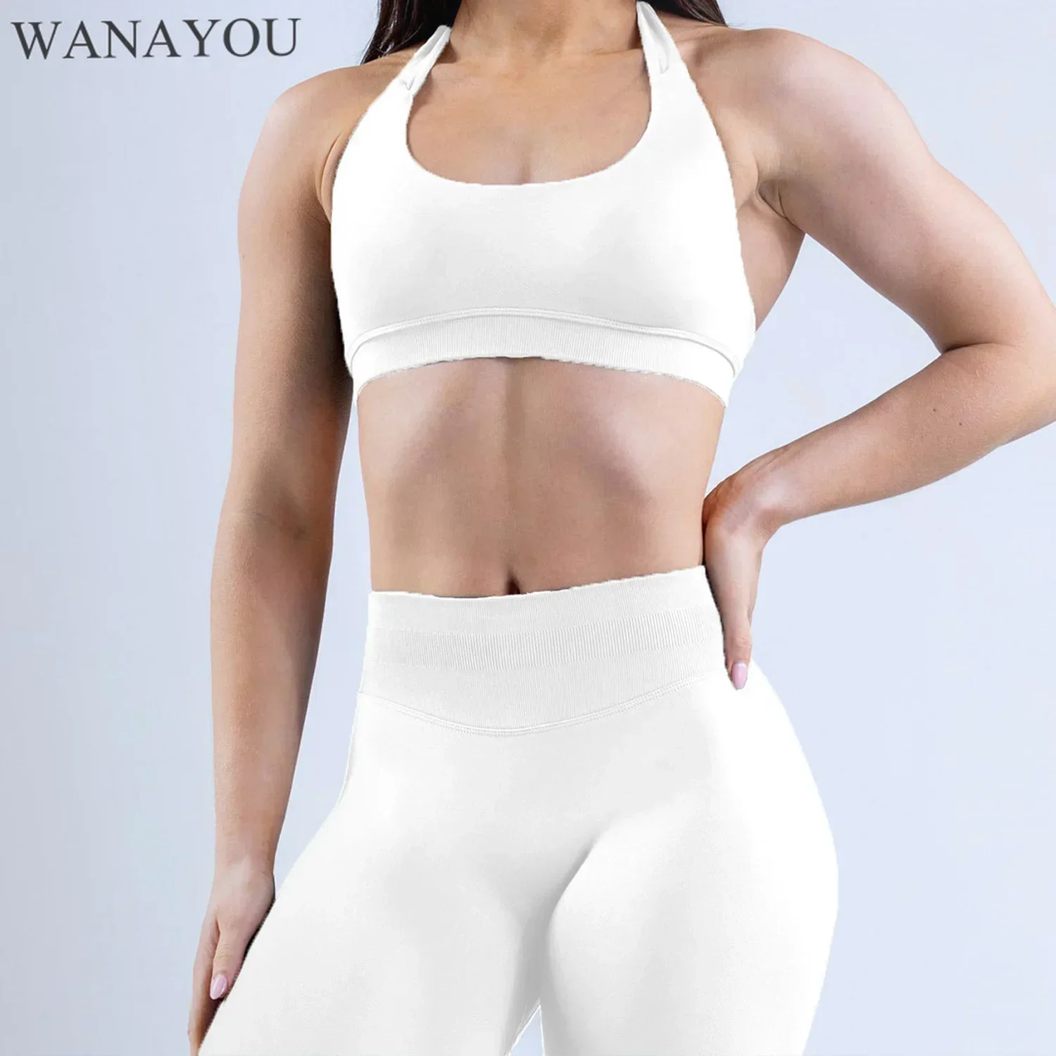 

WANAYOU Seamless Halter Women Sports Bras, Open Back Yoga Crop Tops, High Support Impact Gym Fitness Tops, Workout Running Bras