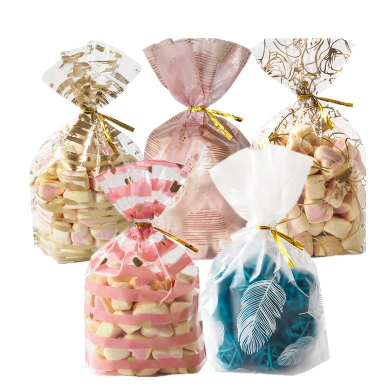 50pcs Bags + Wire Ties Plastic Gifts Packaging Pouches Birthday Wedding Party Bakery Cookies Snack Biscuit Candy Popcorn Bags