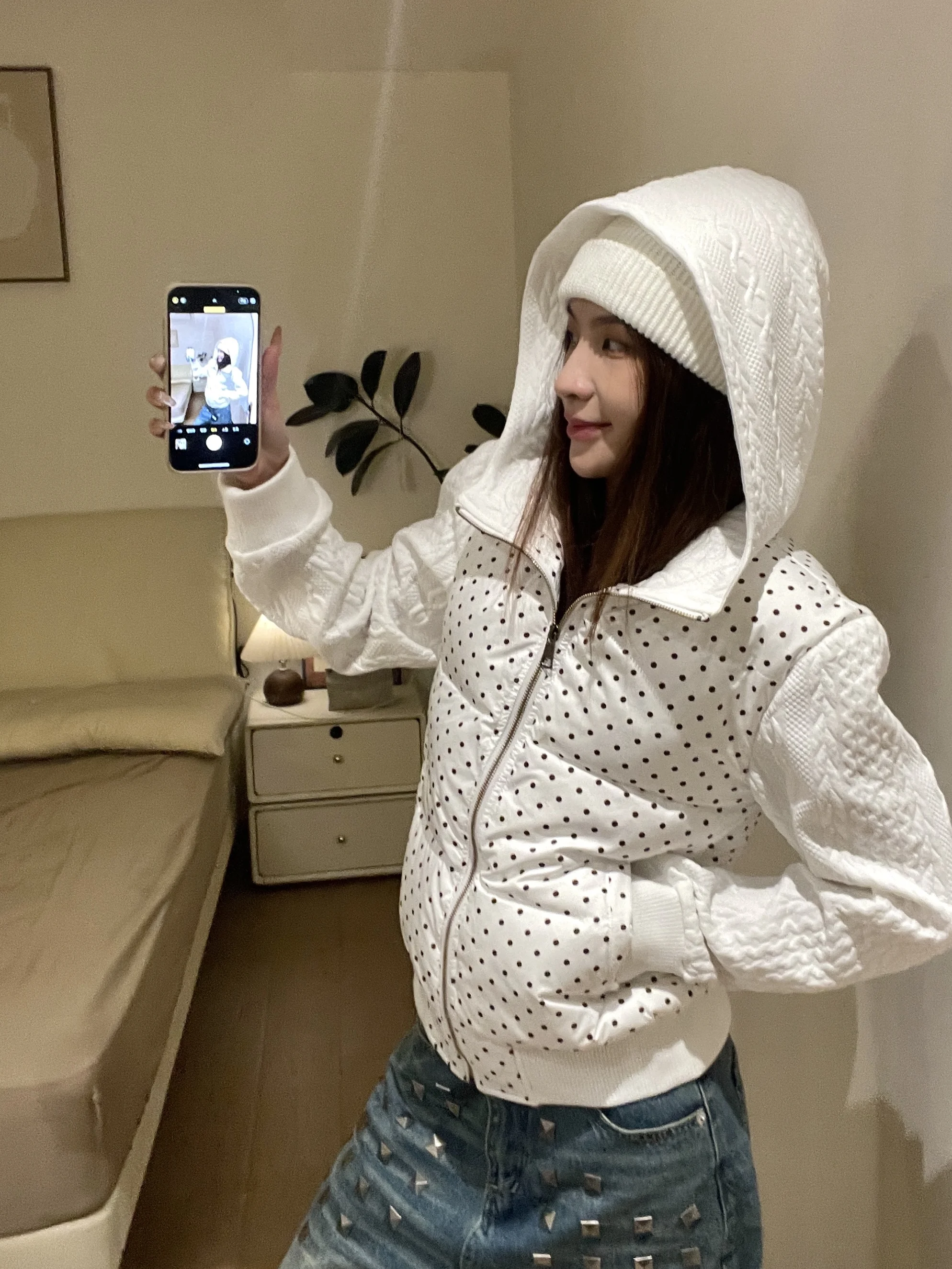 

Белое хлопковое пальто с капюшоном в горошек, вязаное, с длинными рукавами, для женщин, осень-зима, повседневное