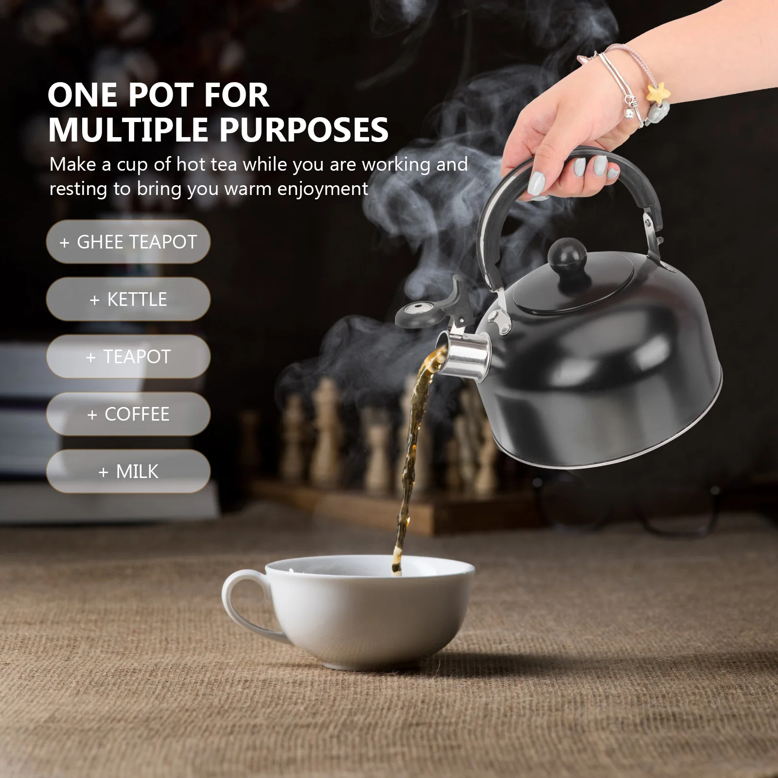 

3L Black Kettle Stovetop Large Capacity Stainless Steel Ergonomic Handle Safety Design Family Use Kitchen Barware
