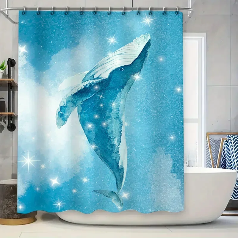 

~O~Blue Ocean Whales Shower Curtain Fabric Waterproof Decor Bathroom Liner for Home Bath Decoration Blue/White