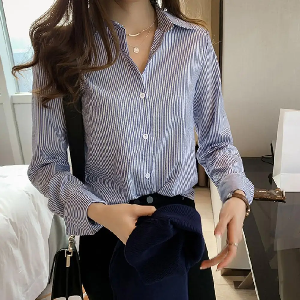 

Women Shirt Plus Size Lapel Long Sleeves Buttons Placket Women Shirt Autumn Vertical Striped Print Cardigan Shirt