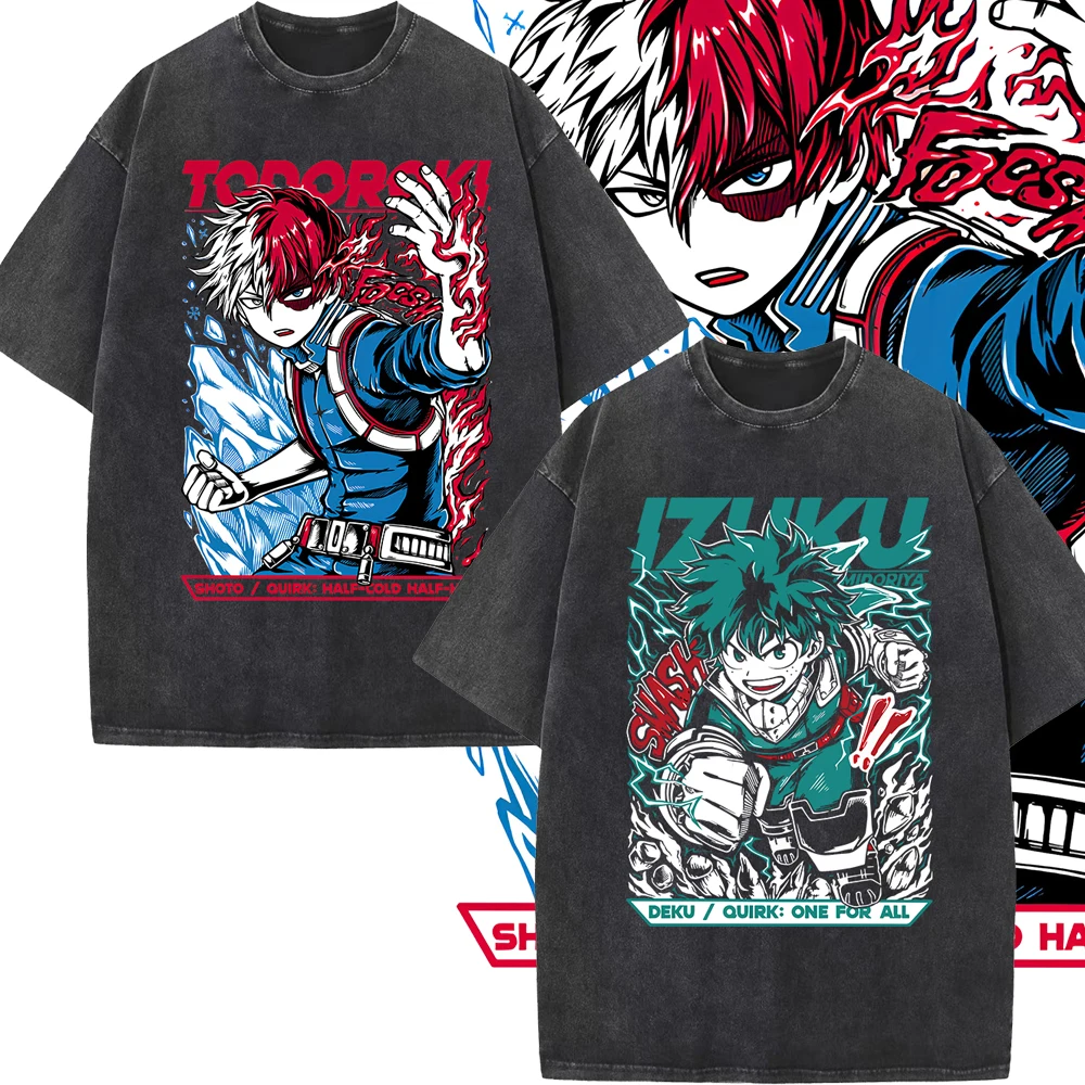 

Boku No Hero Academia Acid Washed Cotton T-Shirts Shoto Todaraki Deku Harajuku O-Neck Tee Shirt