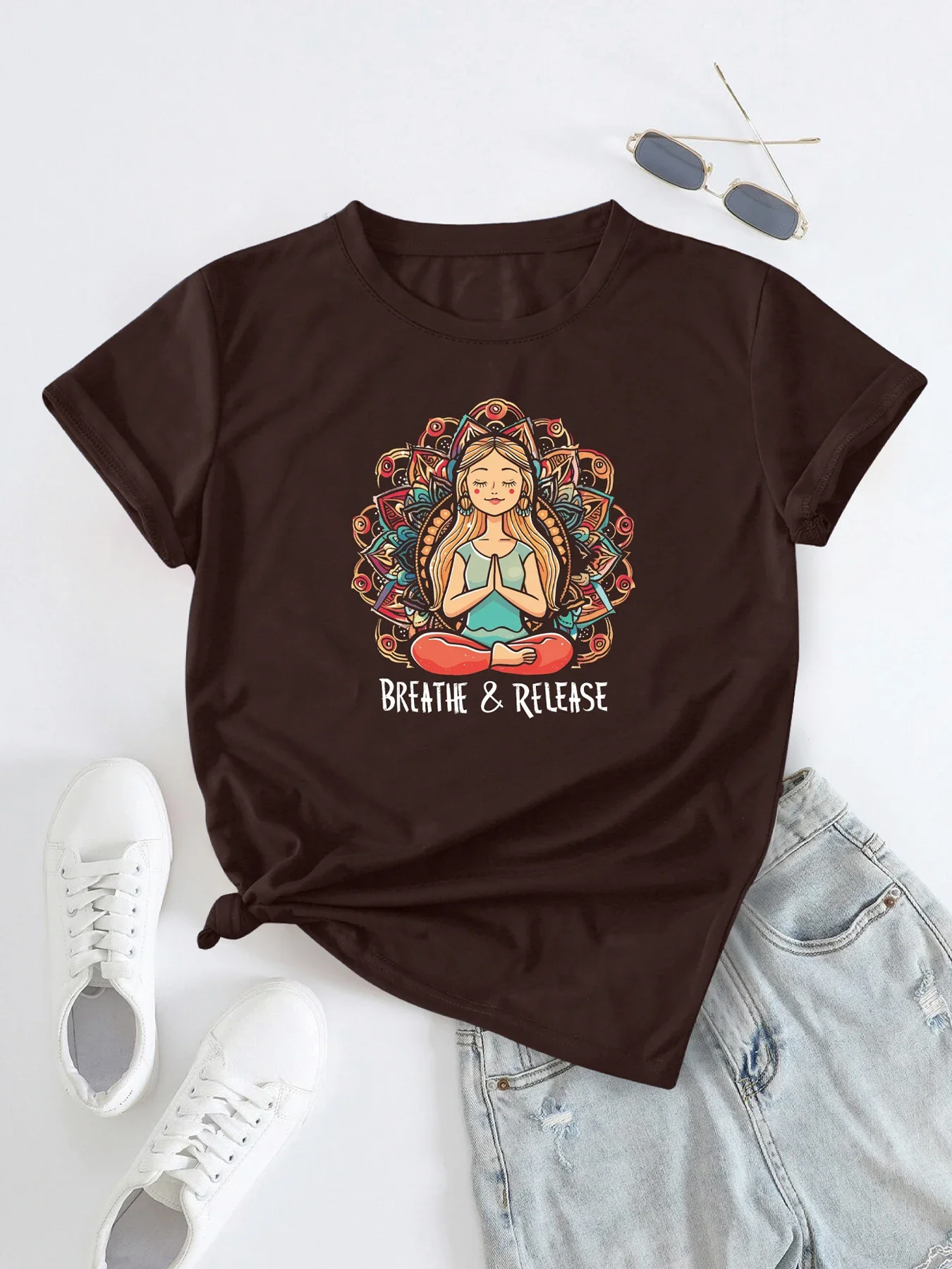 Mandala Zen Yoga with Breathe & Release Print T-shirt, Short Sleeve Crew Neck Casual Top For Summer & Spring, Women\'s Clothing