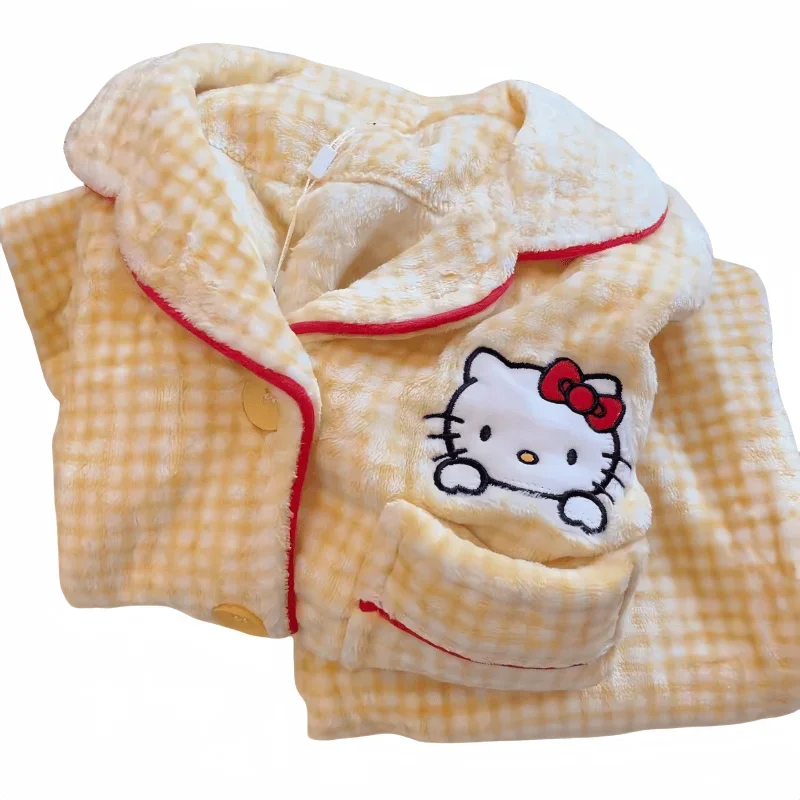 Cartoon animation peripheral Hello Kitty kawaii coral velvet pajamas plus velvet to keep warm and can be worn as home clothes