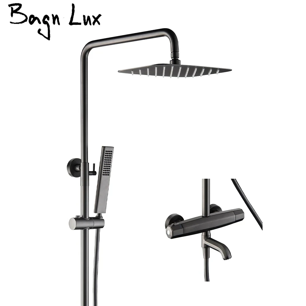 Bagnolux Gray Brass Thermostatic Three Functions Bathtub Diverter Mixer Tap Multifunction Hand Held Shower Head Bathroom Faucet