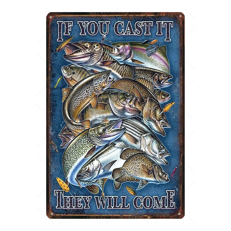 Welcome Drop A Line Stay Awhile Fishing Sign Vintage Metal Plate For Wall Poster Bar Art Home Decor Cuadros Wall Art Sign