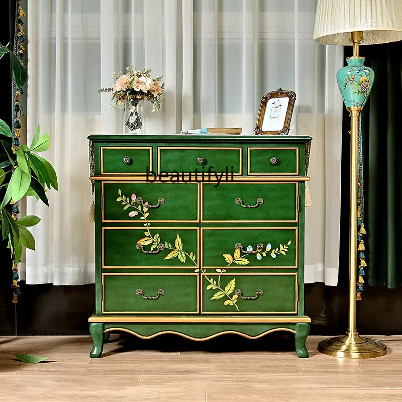 

American rural painted shoe cabinet solid wood living room with drawers locker retro green porch small apartment side cabinet