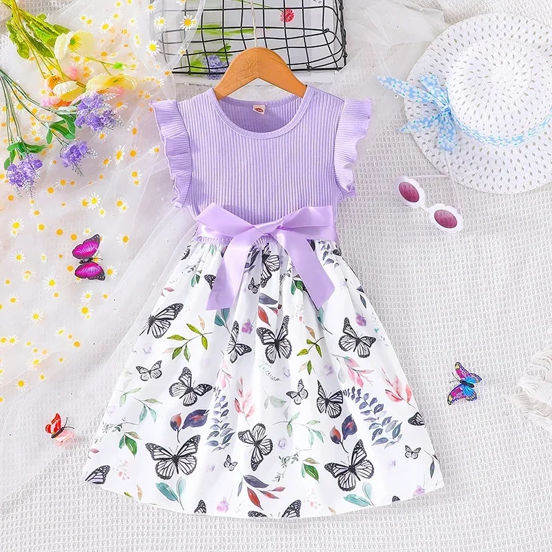 

Set For Kids Girl 3-7 Years old Ruffled Sleeve Butterfly Floral Tulle Cute Princess Formal Dresses with Belt Ootd For Baby Girl