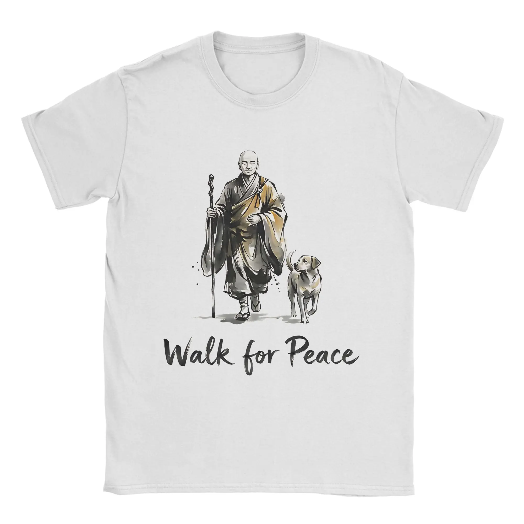 Minimalist Zen Art Walk For Peace Monks With Aloka Dog T Shirts Men's  100% Cotton Funny T-Shirts Crew Neck  Tees Gift Idea