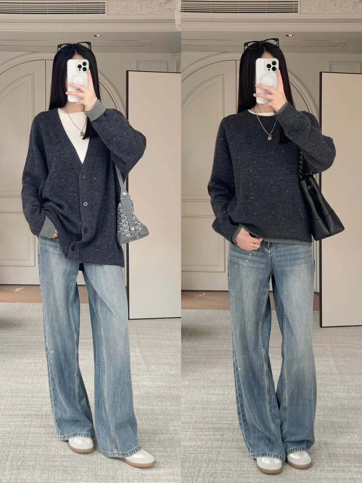 

Свободный вязаный свитер с круглым вырезом, имитация двойки, кардиган с V-образным вырезом, повседневный, с длинными рукавами, шерстяной, женский трикотаж