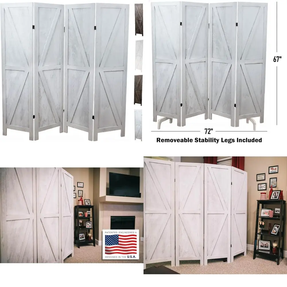 

Rustic White Barn Door Style 4-Panel Folding Privacy Screen for Home Use