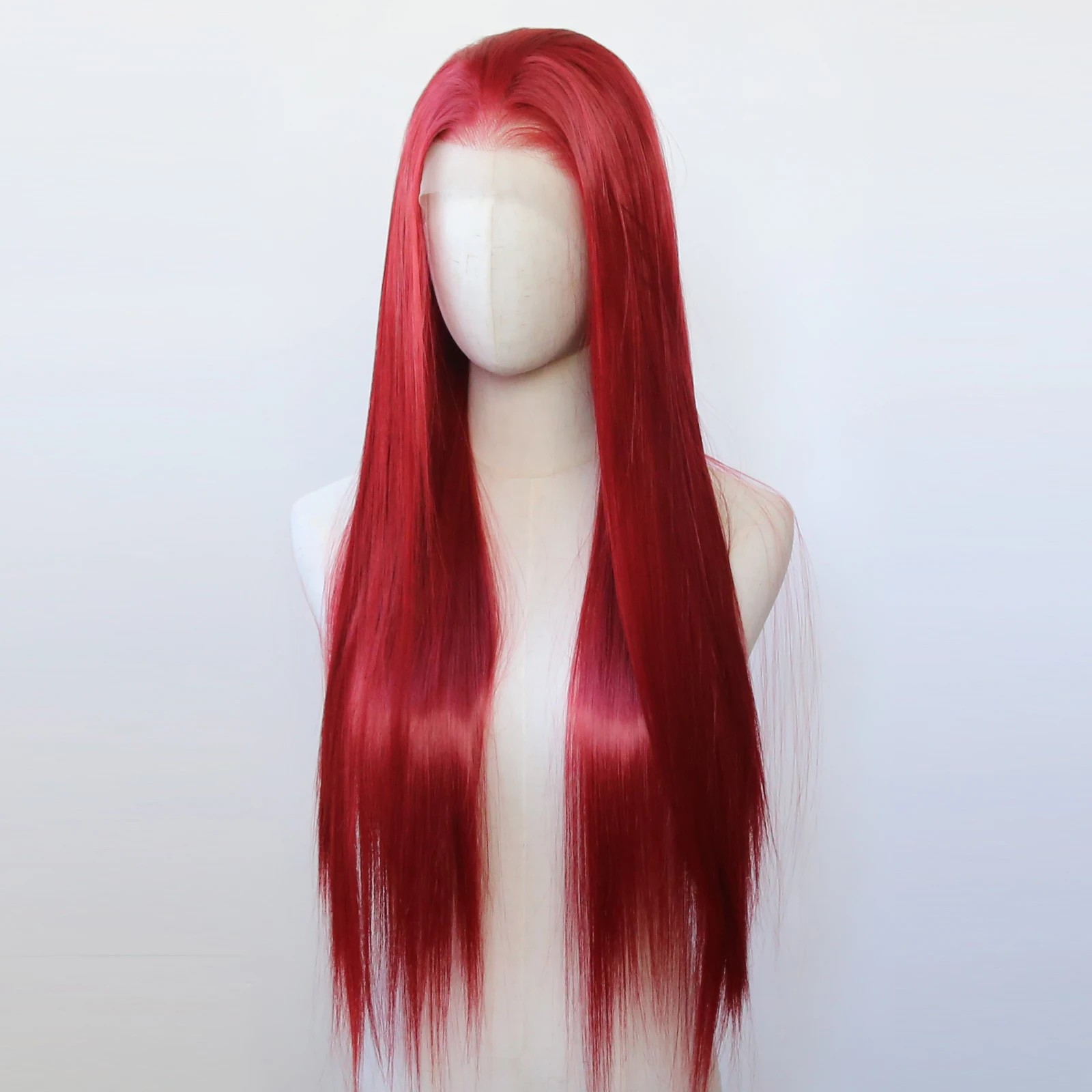 Perruque Lace Front Synthétique Rouge Foncé, Cheveux Longs et Lisses, Pre-Plucked, Fibre Degré de Chaleur, 13x4