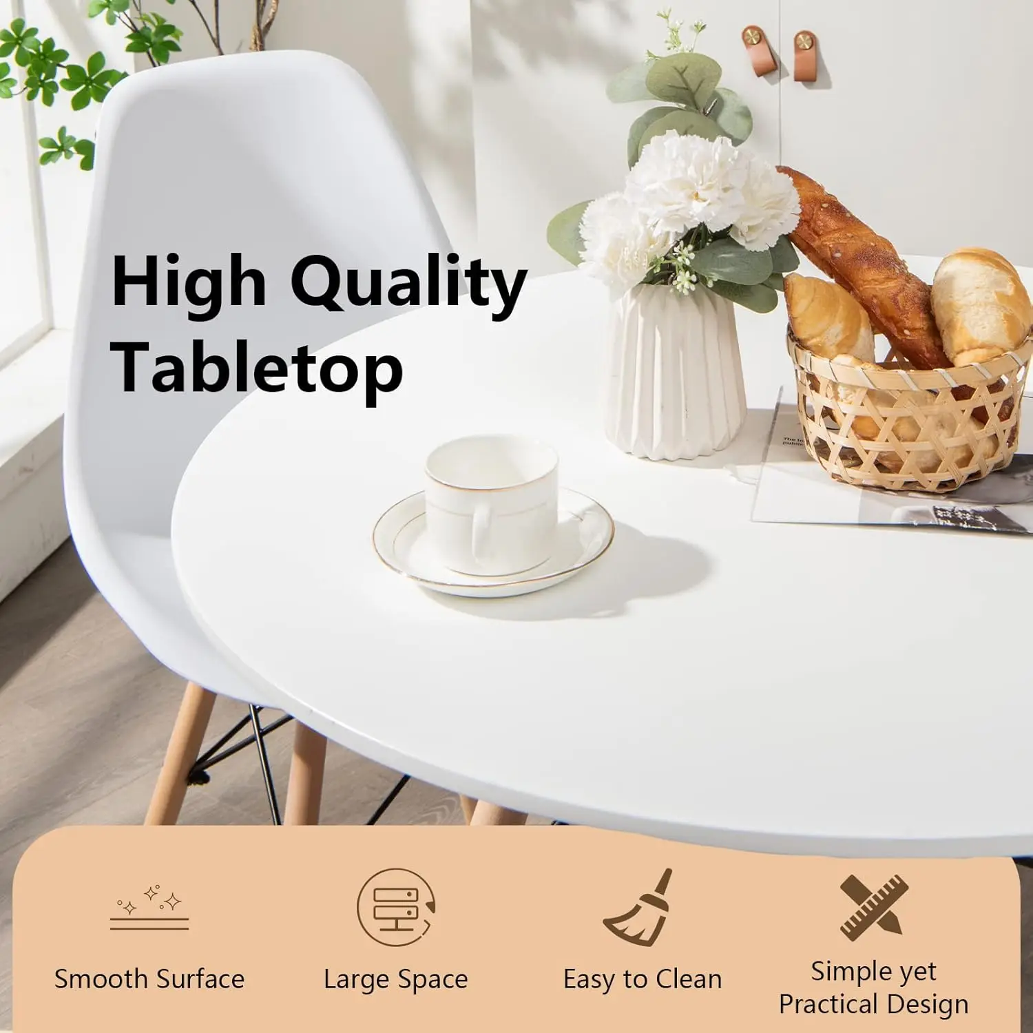 31.5" Round Dining Table Kitchen Table White Dining Table with White desktop and Solid wood legs .Modern Style Coffee Table