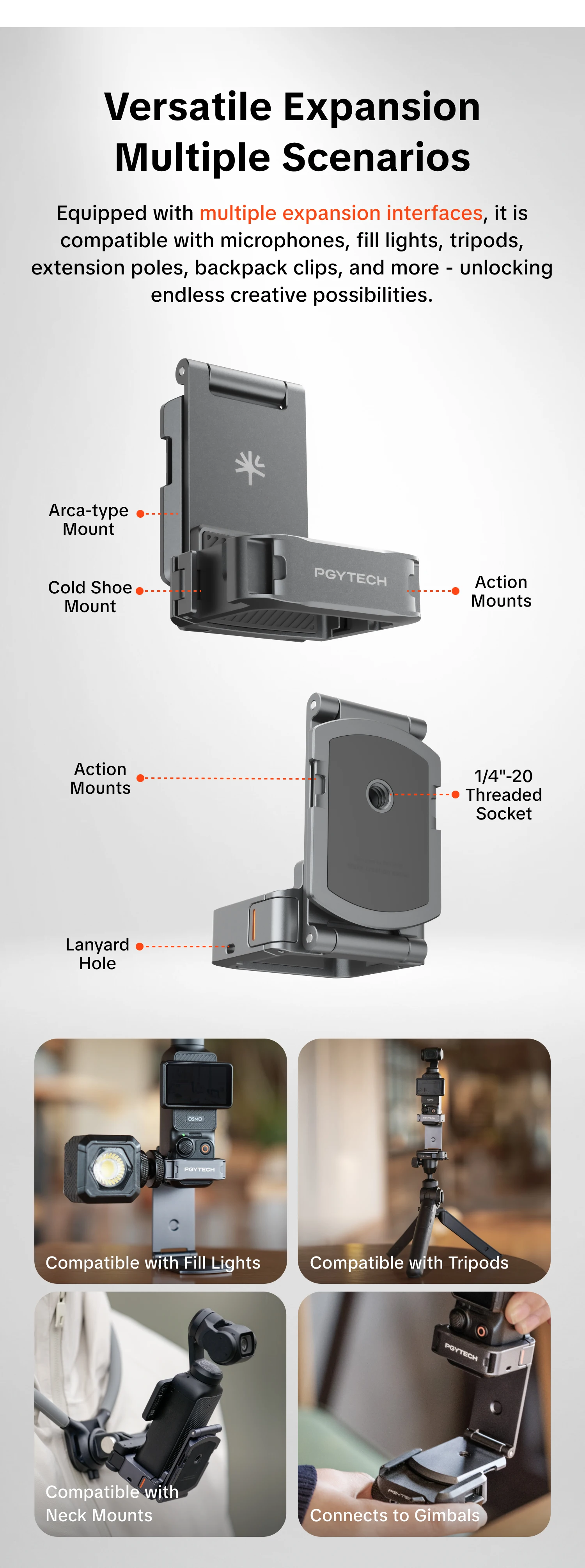 PGYTECH Magnetischer Erweiterungsadapter-Rahmen für DJI Osmo Pocket 3, Doppelt Faltbarer Ständer mit Arca-Swiss & Cold Shoe Halterung – Detail 4