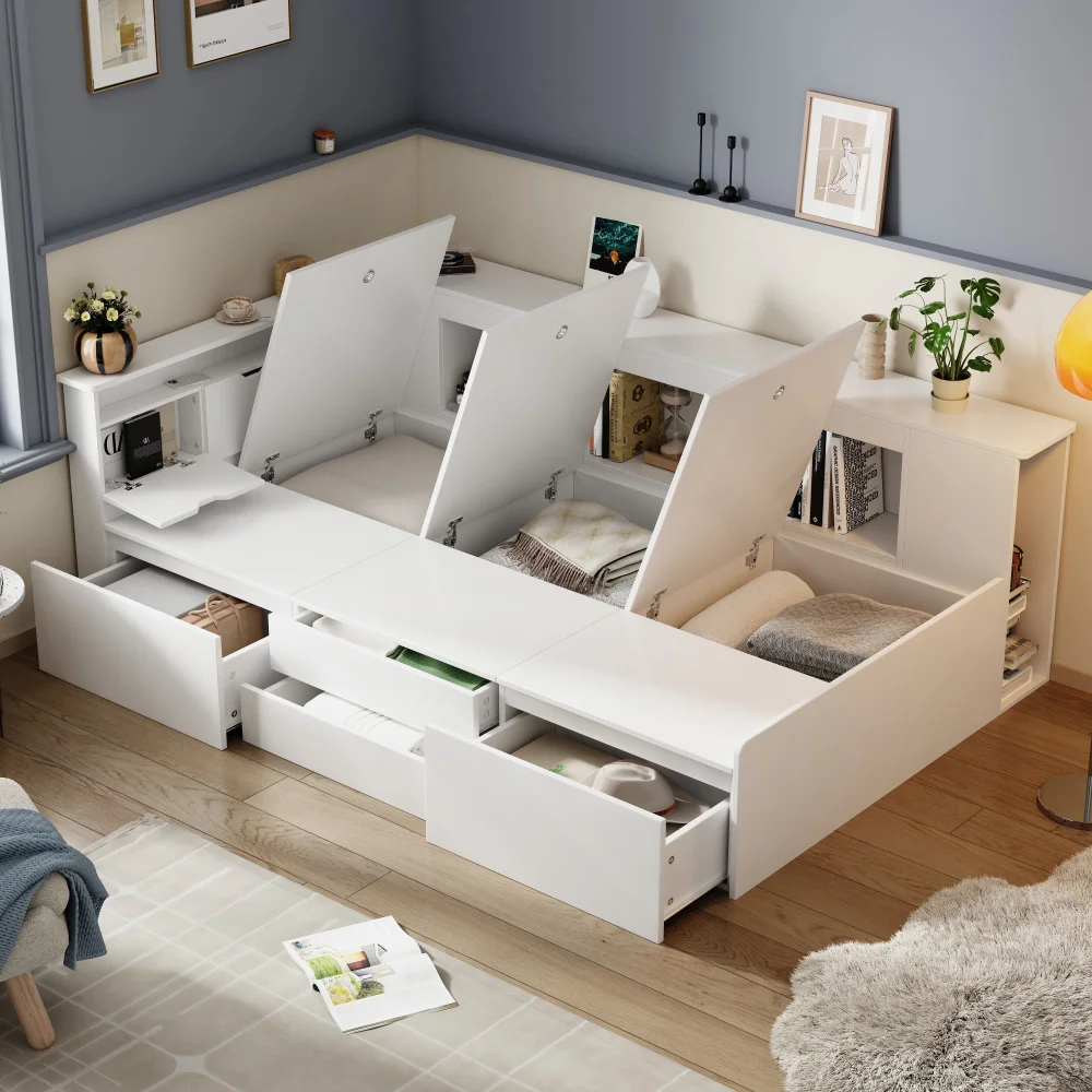 Platzsparende weiße Babymöbel – multifunktionales Kinderbett mit Schubladen, Einzelbett, Bücherregal, Aufbewahrung, Bettkasten (keine Matratze) – Detail 4