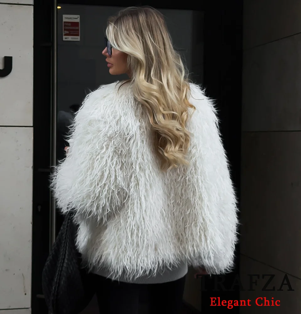 TRAFZA-Women Elegant Fur-Effect Jacket Coat O-Neck Feather-Like Faux Fur Jacket New Fall Winter Fashion Romantic Jacket Coat