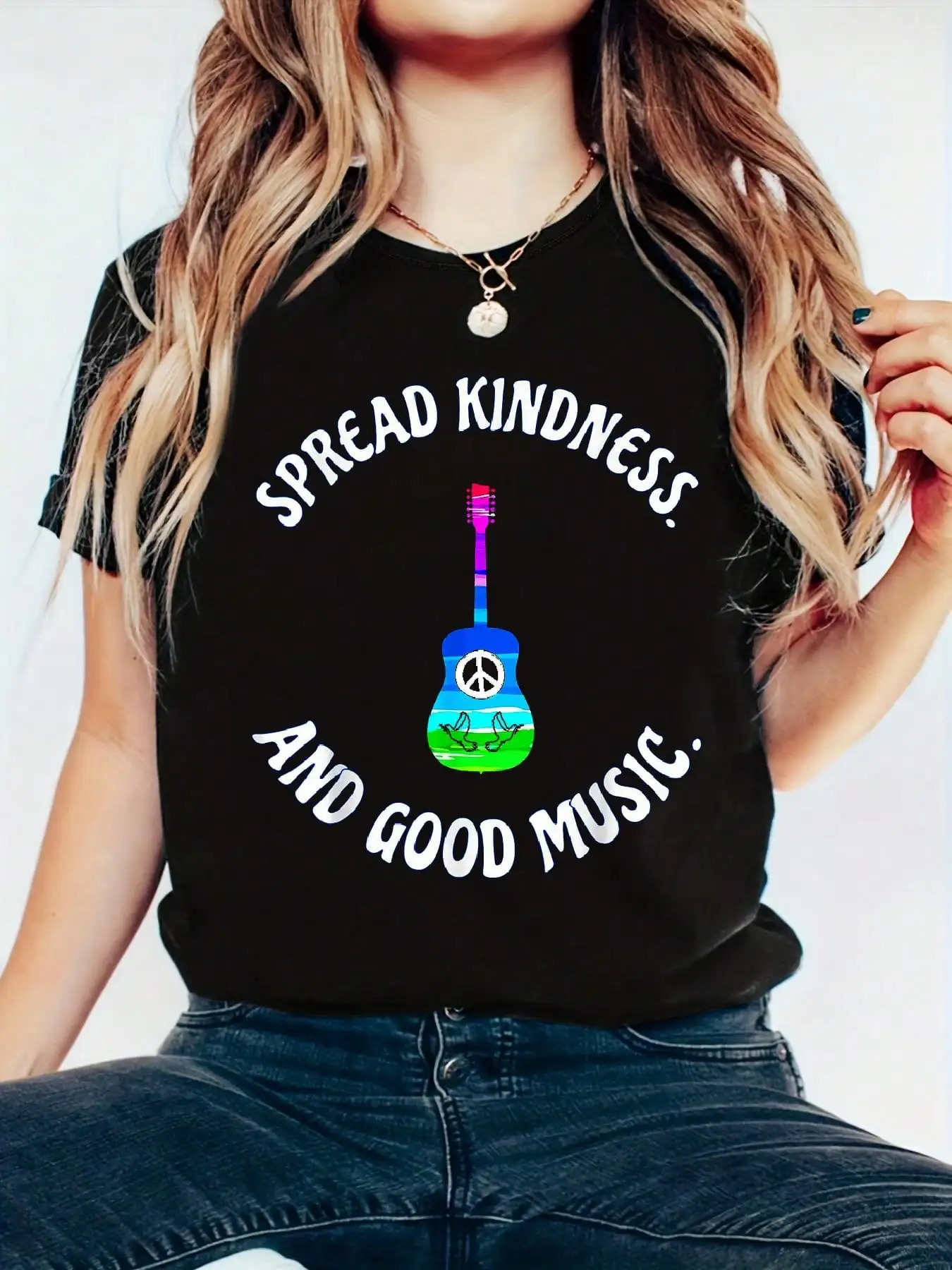

SPREAD KINDNESS AND GOOD MUSIC GUITAR LOVE T SHIRT T-Shirt - 100% Cotton Printed Short Sleeve T-Shirt Top - Casual Sport Style -