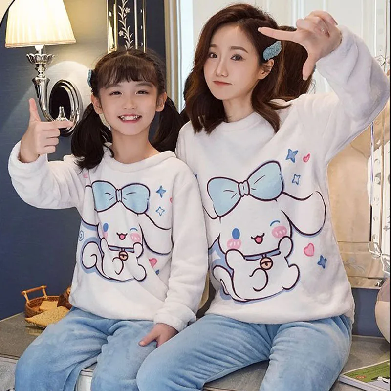 Sanrios Cinnamoroll Anime Kuromi Pyjama pour femme, mignon, parent-enfant, lieux épais, sourire, adulte, enfants, vêtements de salon, hiver