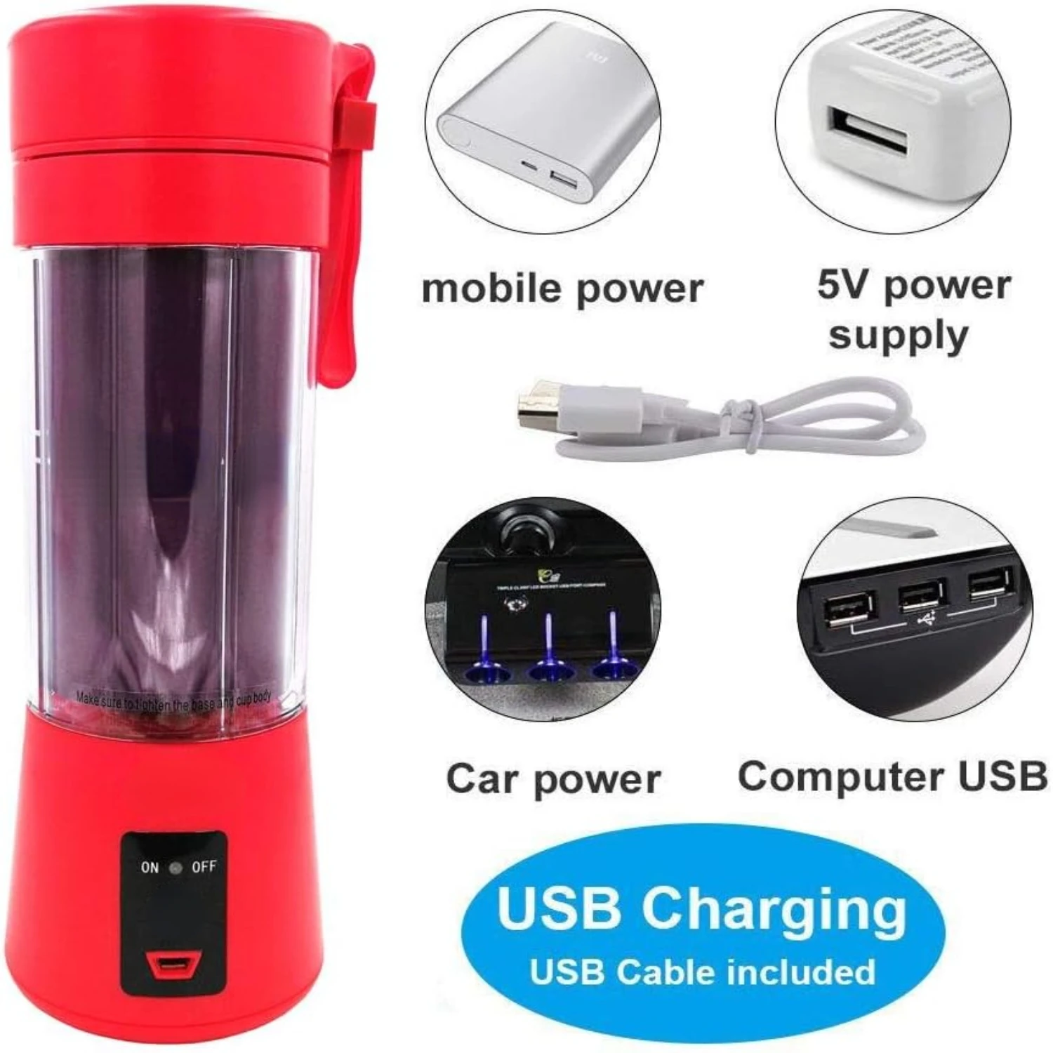 

Red Portable Mini USB Rechargeable Personal Smoothie Maker Juicer Cup Blender 380ML with 6PCS Blades - Ideal for Home, Office, a