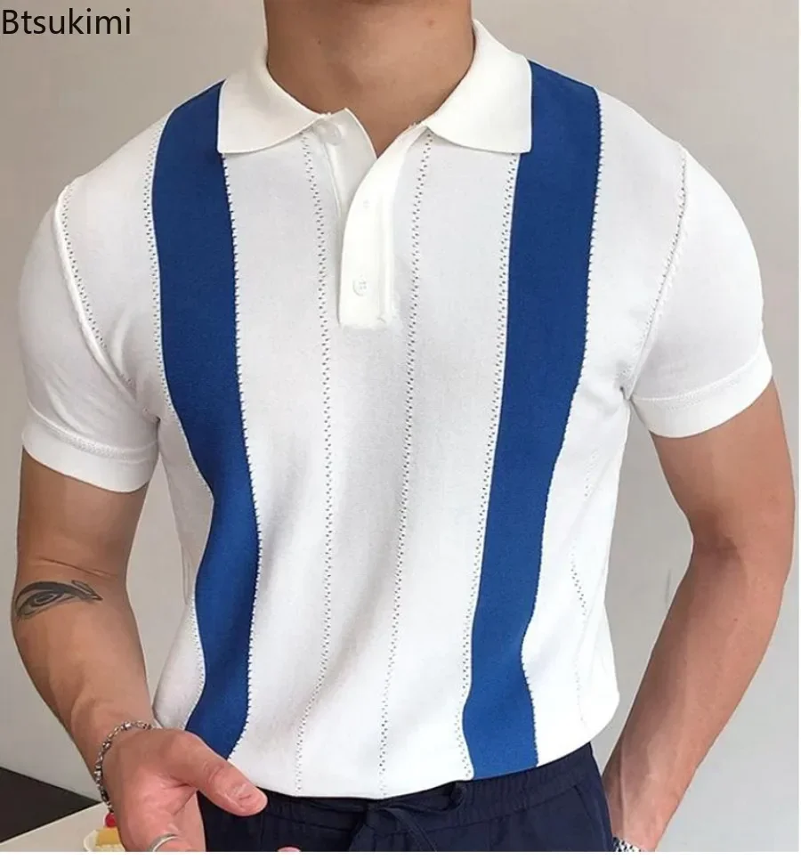 

2025 Men's Polo Shirts Vintage Striped Lightweight Knit Golf Shirts Classic Casual Short Sleeves Tops Male Business Social Shirt