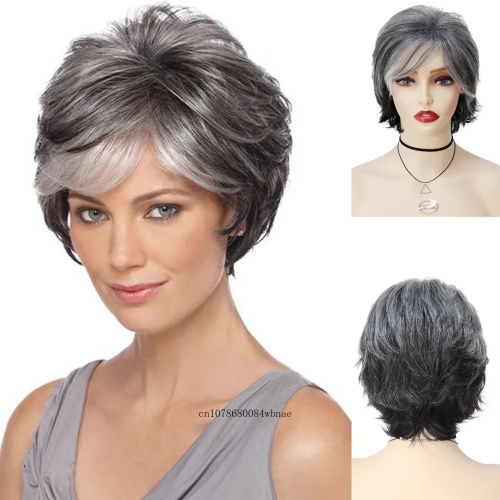 Synthetic Ombre Grey Wig for Older Women Lady Short Fluffy Pixie Cut Wigs with Bangs Daily Cosplay Grandma Gift Heat Resistant