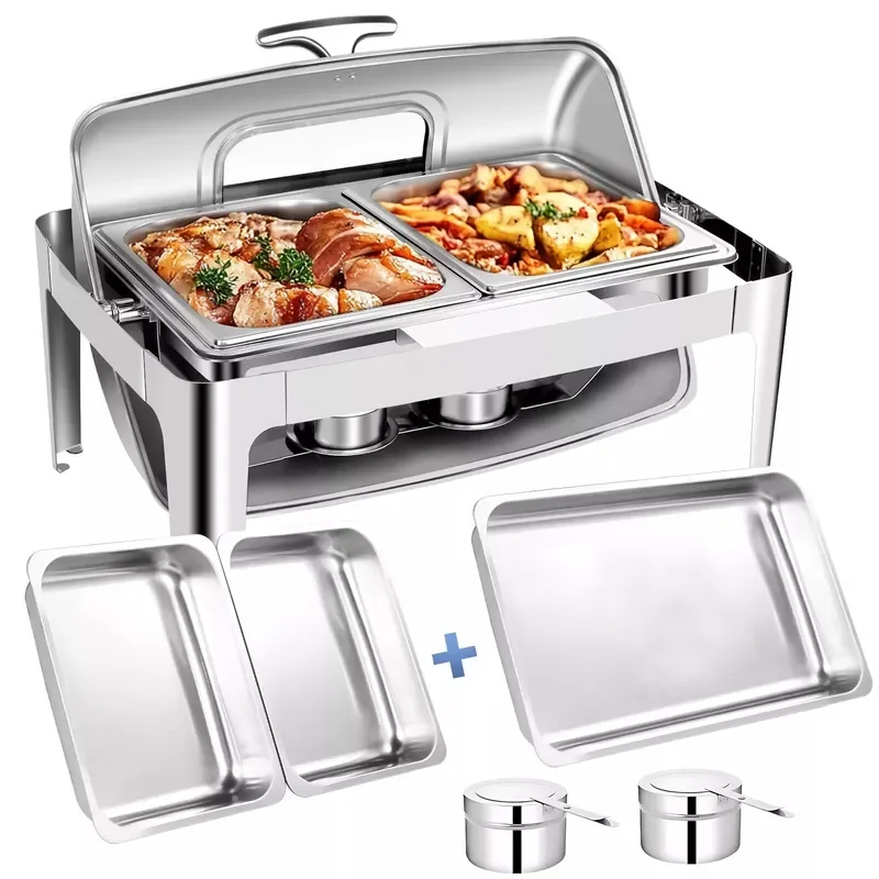 9.5Qt Stainless Steel Roll Top Buffet Set Rectangular Hot Pot Food Warmer with Glass Window Gas Powered Hotel/Party Use