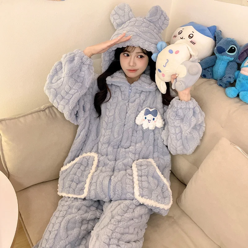 Kawaii Sanrio My Melody Cinnamoroll Kuromi Flannel Hooded Zip-Up Pajama Set Warm, Cute, Loose and Comfortable Home Clothes