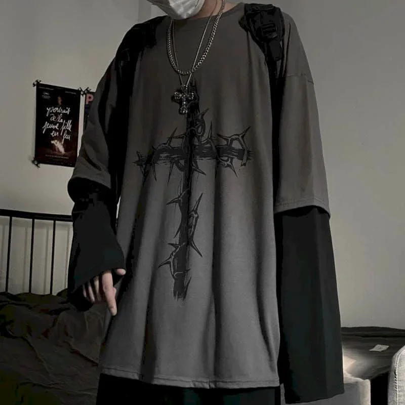 T-shirt męski Letni krzyż cierniowy Walizka T-shirty męskie z długim rękawem Ciemny hip-hop Męski t-shirt oversize Y2k T Shirt Tops